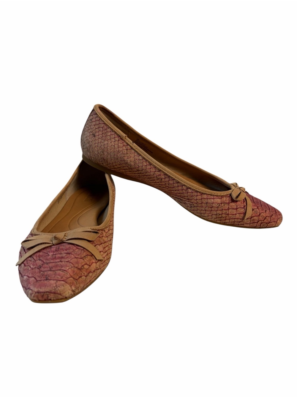 Born Pink Tan Cork Snakeskin Ballet Flats Bow Slip On Shoes Size 9